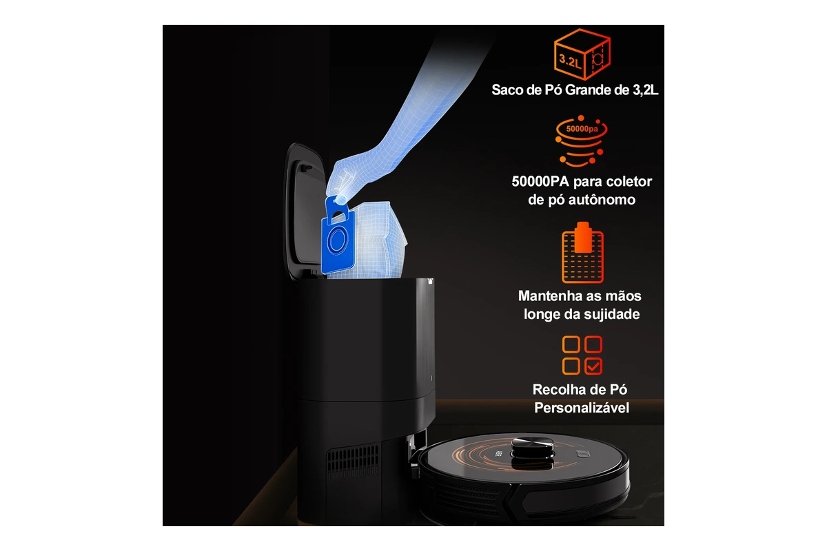 Visão superior do robô aspirador Abir K30 destacando a torre de navegação a laser LiDAR para mapeamento 3D
