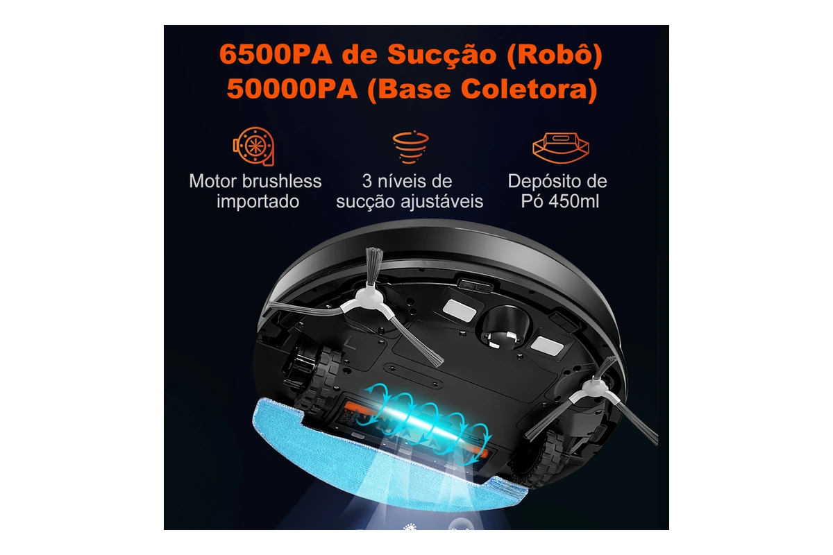 Parte inferior do aspirador robô Abir K30 mostrando as escovas laterais e a escova rotativa principal para pelos e poeira