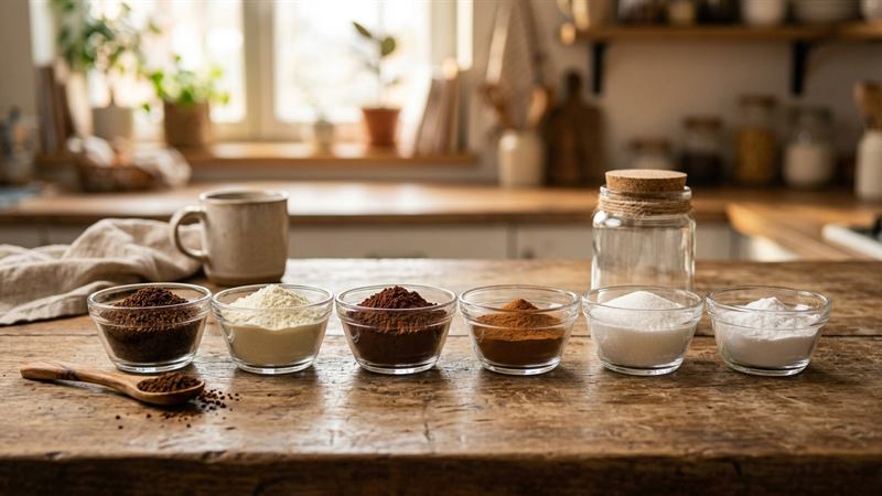 Ingredientes em recipientes de vidro organizados para fazer pó de cappuccino caseiro