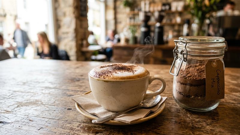 Xícara de cappuccino cremoso fumegante com espuma polvilhada de canela e pote de vidro ao lado