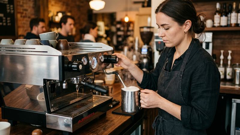 Vaporização de leite fresco em pitcher de inox para cappuccino italiano