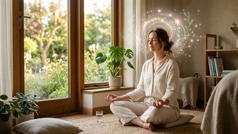 Representação de clareza mental e crescimento de hábitos através de meditação e luz ambiente