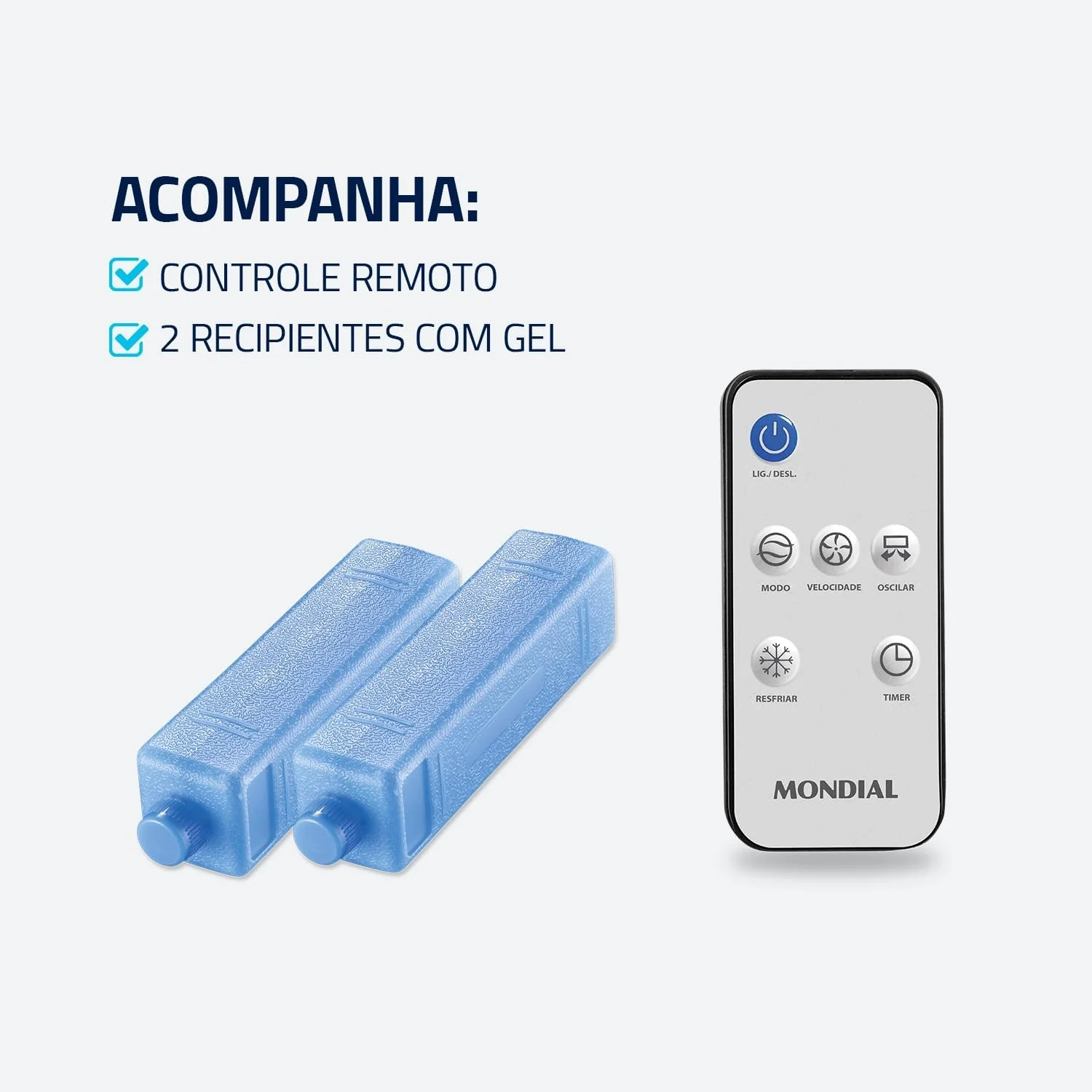 Controle remoto sem fio e duas bolsas de gel térmico inclusas no climatizador Mondial Flash Air