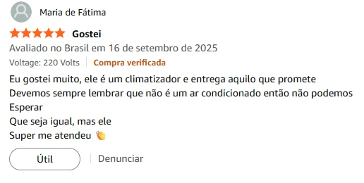 Avaliação de Maria de Fátima elogiando o climatizador Philco e destacando que entrega o que promete sem custo de ar-condicionado