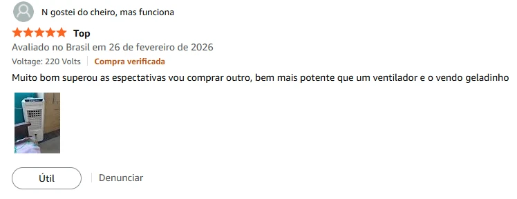 Avaliação de cliente no Brasil com foto real do climatizador Philco PCL14F no quarto superando expectativas de vento gelado