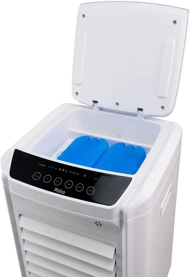Compartimento superior do climatizador Philco PCL14F com tampa aberta mostrando as duas caixas de gelo azuis