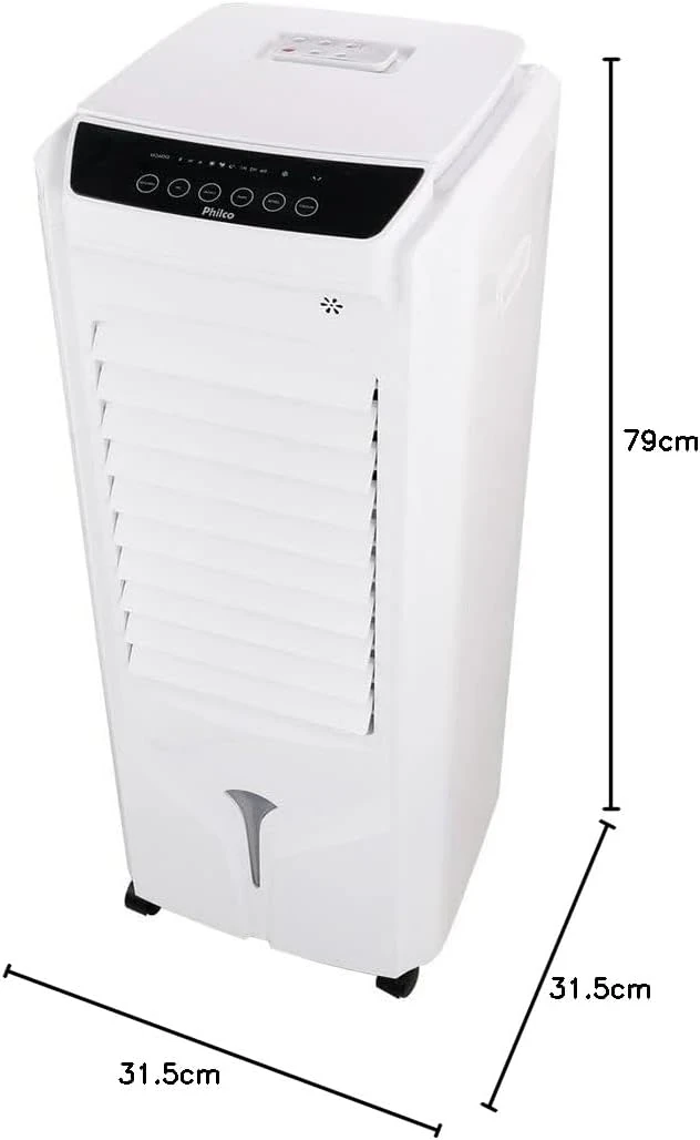 Dimensões oficiais do Climatizador Philco PCL14F com 79 centímetros de altura e 31,5 centímetros de largura e profundidade