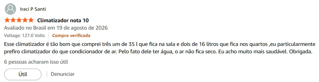 Avaliação de Iraci P Santi na Amazon relatando a compra de 3 aparelhos Ventisol pela saúde respiratória