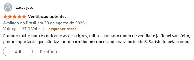 Avaliação de Lucas José na Amazon destacando ventilação potente e baixo ruído no Ventisol CLIN16