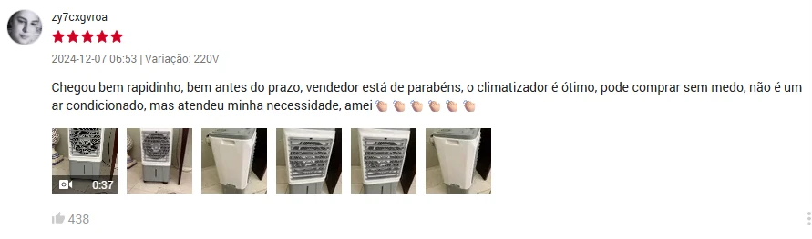 Avaliação verificada na Shopee com fotos reais do climatizador Ventisol CLIN16 em uso doméstico