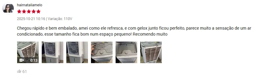 Avaliação de Natalia Melo na Shopee destacando o uso de Gelox para sensação de frescor no Ventisol CLIN16