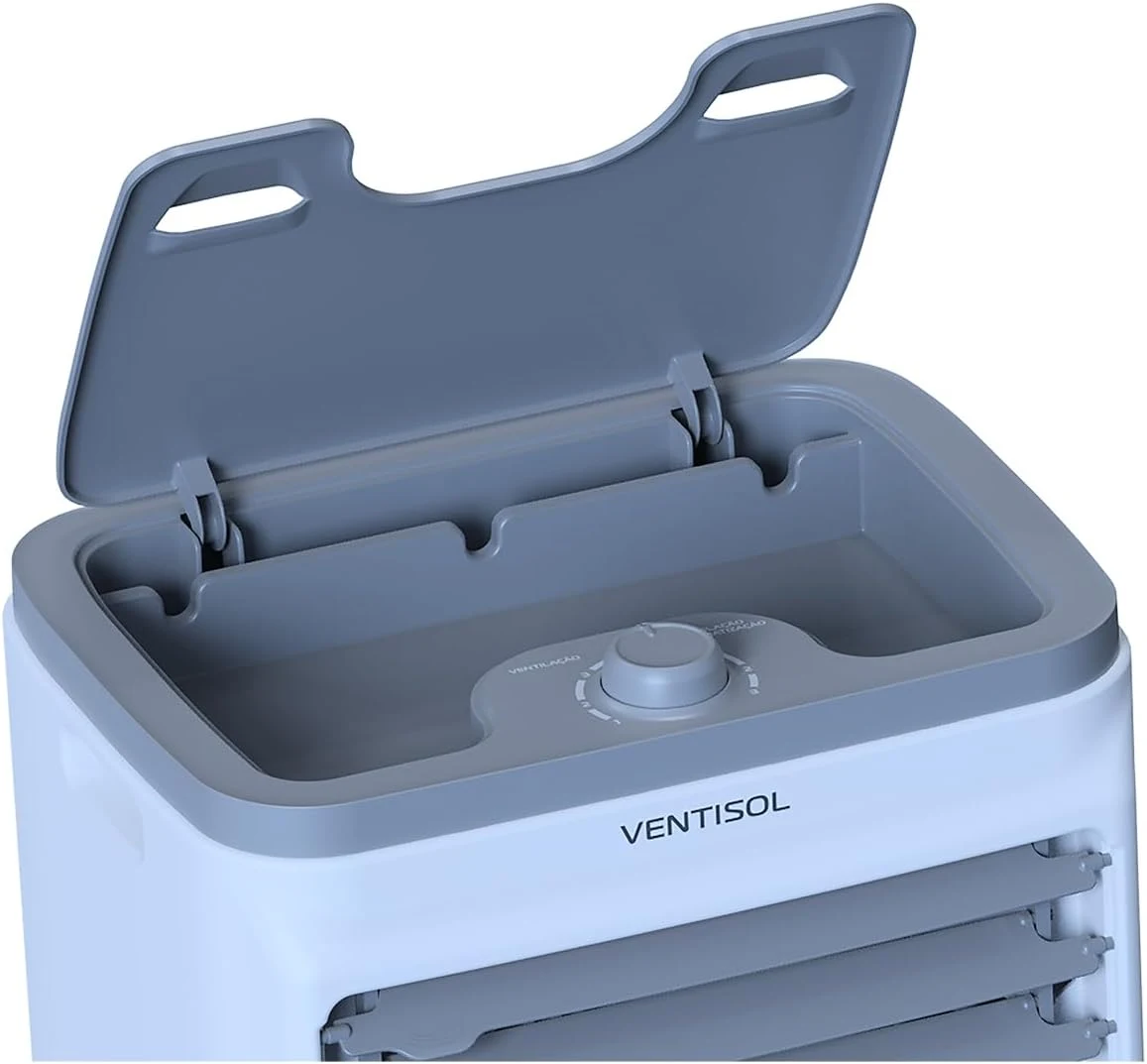 Compartimento superior do climatizador Ventisol CLIN16 com tampa aberta para água e gelo