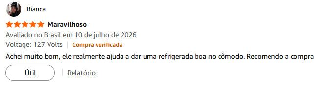 Avaliação de Bianca no Brasil destacando o WAP Air Fresh como maravilhoso e com boa refrigeração