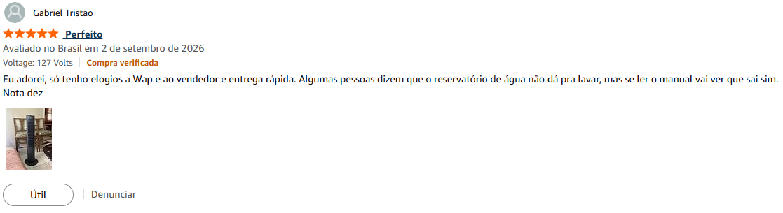Avaliação de Gabriel Tristão na Amazon confirmando que o reservatório do WAP Air Fresh é removível para lavar