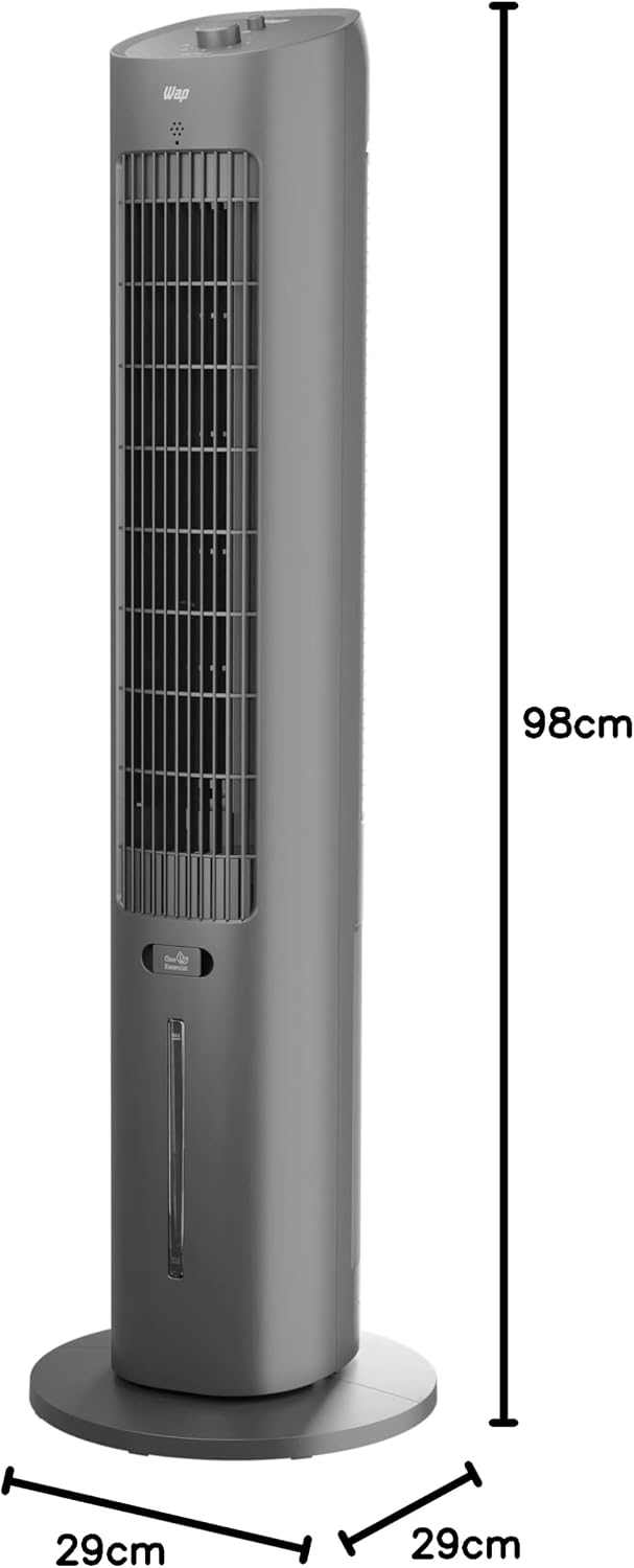 Dimensões oficiais do Climatizador Torre WAP Air Fresh com 98 cm de altura por 29 cm de base