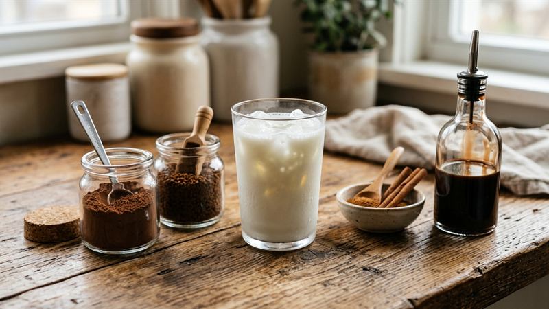 Ingredientes organizados para preparar receita de cappuccino gelado cremosa em casa