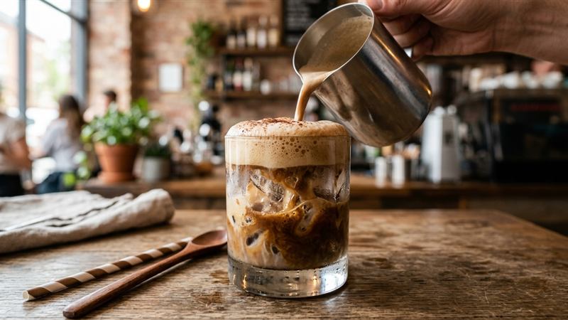 Copo alto de cappuccino gelado cremoso sendo servido com gelo e colarinho de espuma