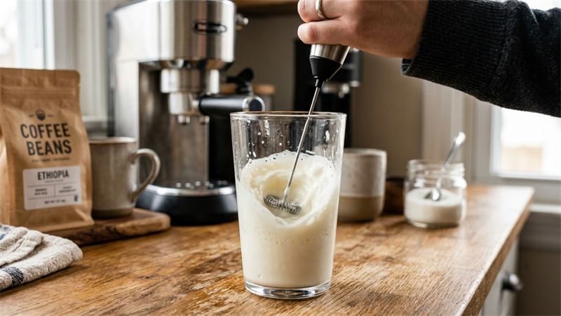 Vaporizando leite fresco para criar microespuma aveludada do Latte Macchiato