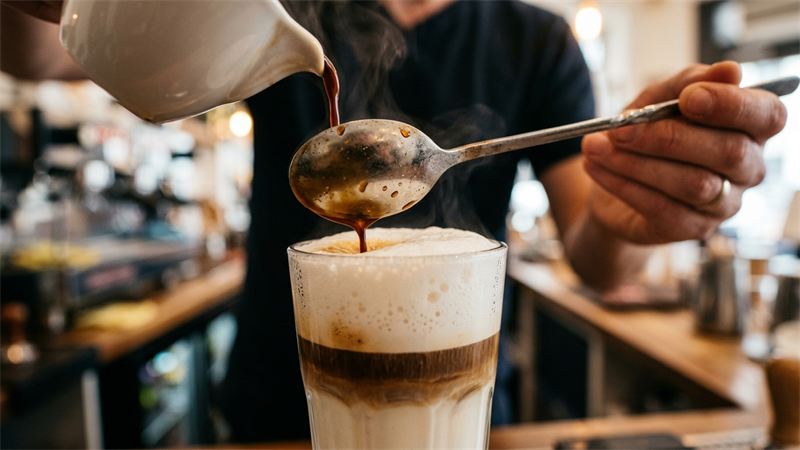 Despejando café expresso quente lentamente sobre as costas de uma colher para formar as 3 camadas do Latte Macchiato