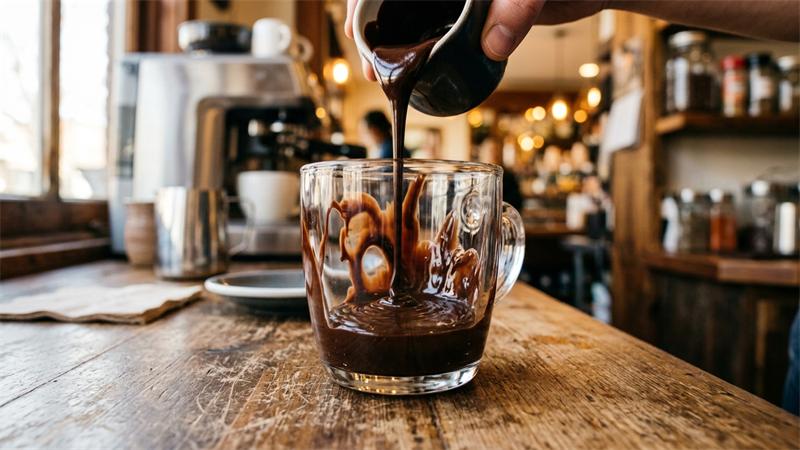 Adicionando calda densa de chocolate no fundo do copo de vidro para o Mocha