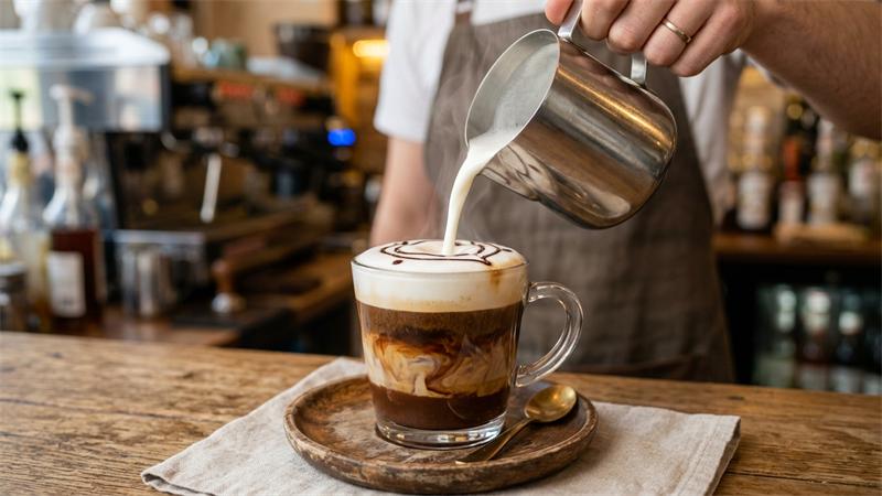 Despejando leite vaporizado aveludado sobre a mistura de café expresso e chocolate no copo de Mocaccino
