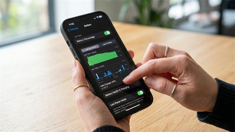 Pessoa configurando opções de bateria no iPhone