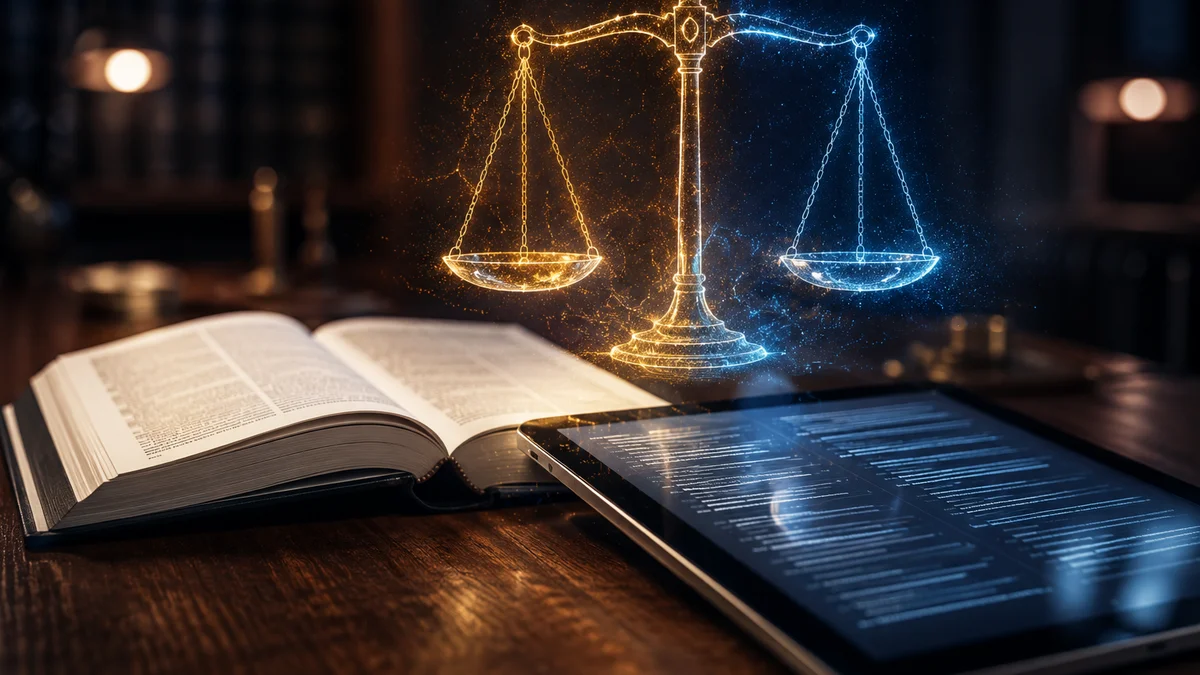 Estudante de concurso analisando e decodificando lei seca usando tablet e Vade Mecum