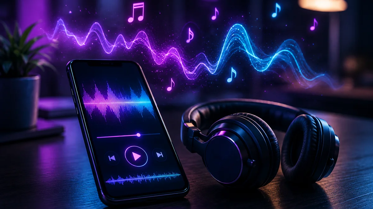 Estudante de concurso ouvindo revisões em áudio no smartphone usando fones de ouvido durante caminhada