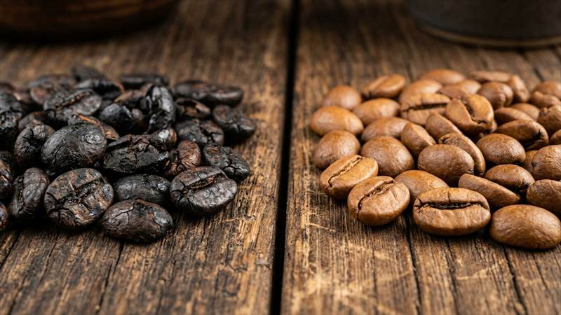 Comparativo de grãos de café: à esquerda grãos pretos e carbonizados do café tradicional, à direita grãos uniformes de torra média do café especial
