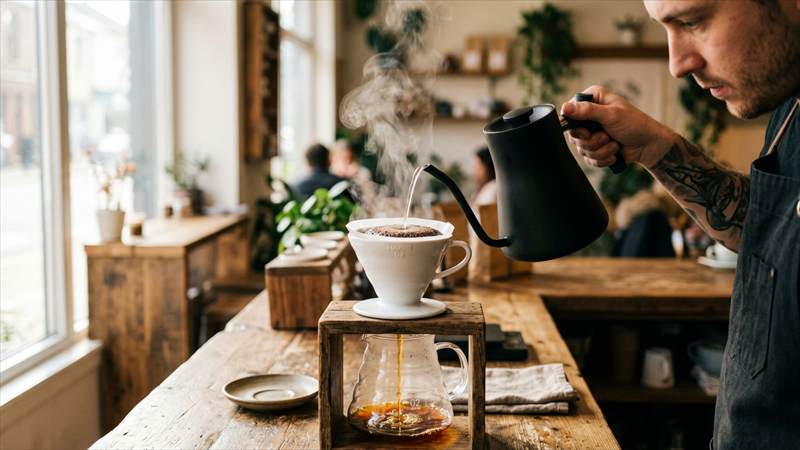 Barista extraindo café especial em método filtrado V60 com chaleira bico de ganso e líquido translúcido de tom âmbar dourado