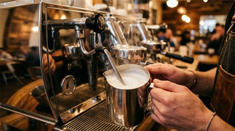 Barista vaporizando leite com bico de vapor da máquina de espresso