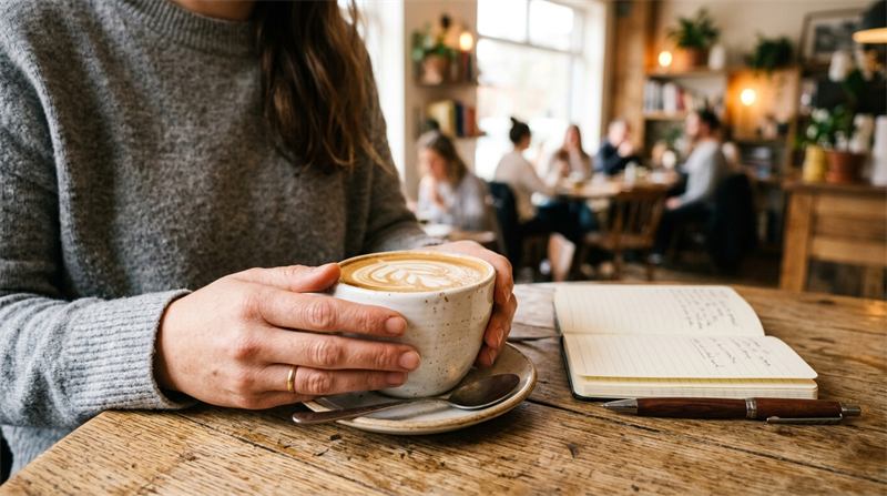 Pessoa segurando xícara aconchegante de Caffè Latte com arte no leite em uma mesa de madeira