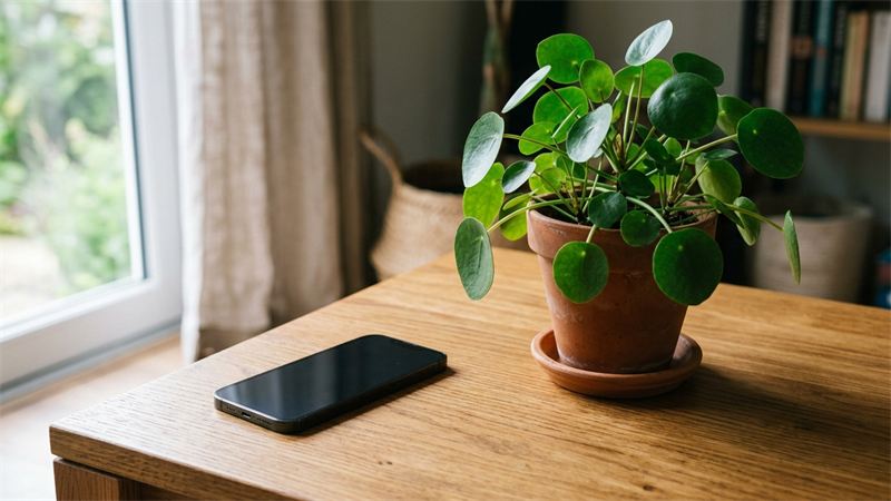 iPhone sem capa descansando em área interna arejada com plantas