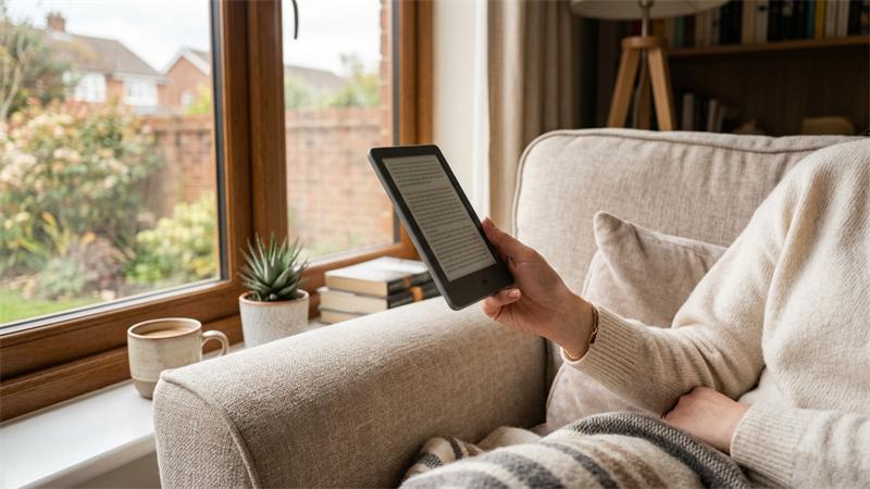 Leitor usando Kindle Básico com luz natural próximo à janela