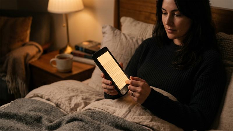 Kindle Paperwhite com iluminação quente de tom âmbar sendo usado à noite na cama