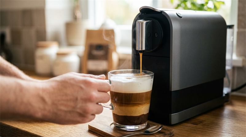Formação de camadas em xícara de vidro com café e leite por máquina de cápsulas