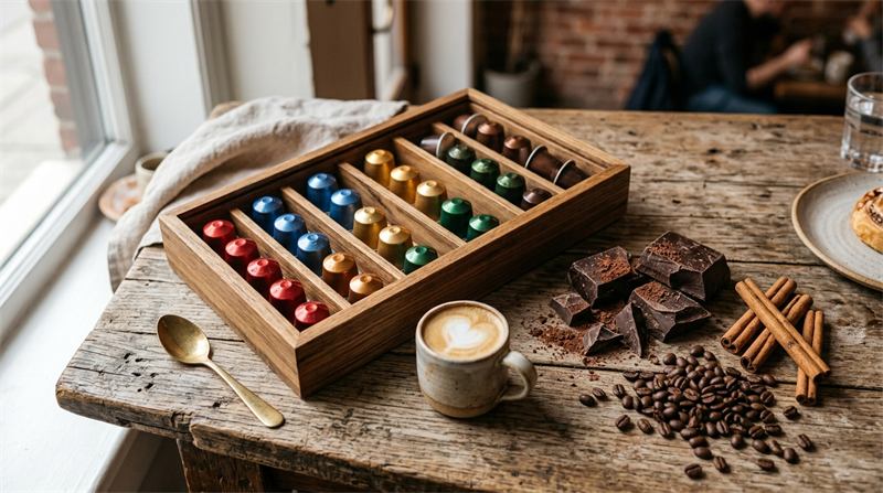 Organizador de madeira com cápsulas de café coloridas ao lado de pedaços de chocolate e café em grãos
