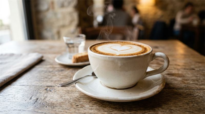 Xícara de cappuccino clássico italiano com espuma cremosa e arte no leite em cima de mesa de madeira