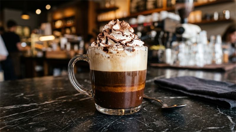 Copo de vidro transparente com camadas de calda de chocolate espresso e chantilly em um mocaccino