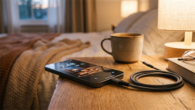 iPhone sendo carregado com cabo de recarga rápida sobre mesa aconchegante