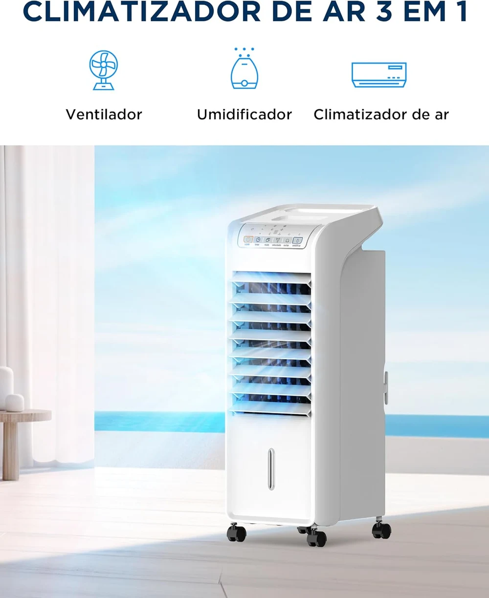 Aparelho climatizador de ar Midea demonstrando as três funções principais: ventilador, umidificador e climatizador