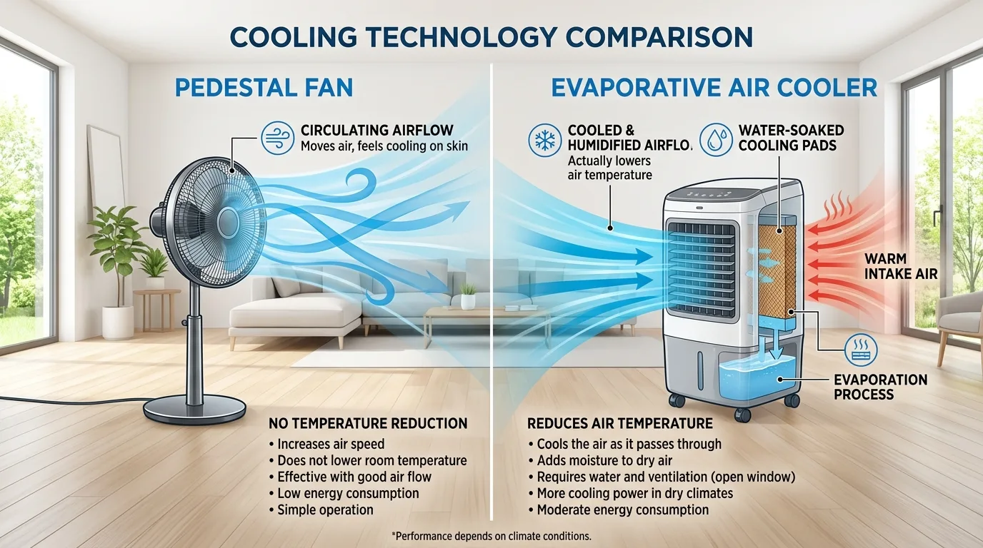 Comparativo visual entre a tecnologia de circulação de um ventilador e o resfriamento evaporativo com água de um climatizador de ar